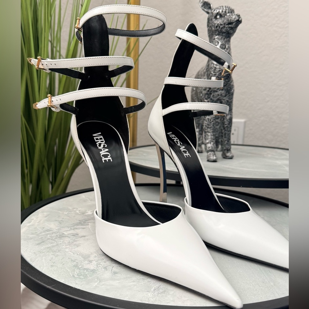 Versace Women's White Leather High Heel Ankle Strap Pumps Shoes US 11 IT 41